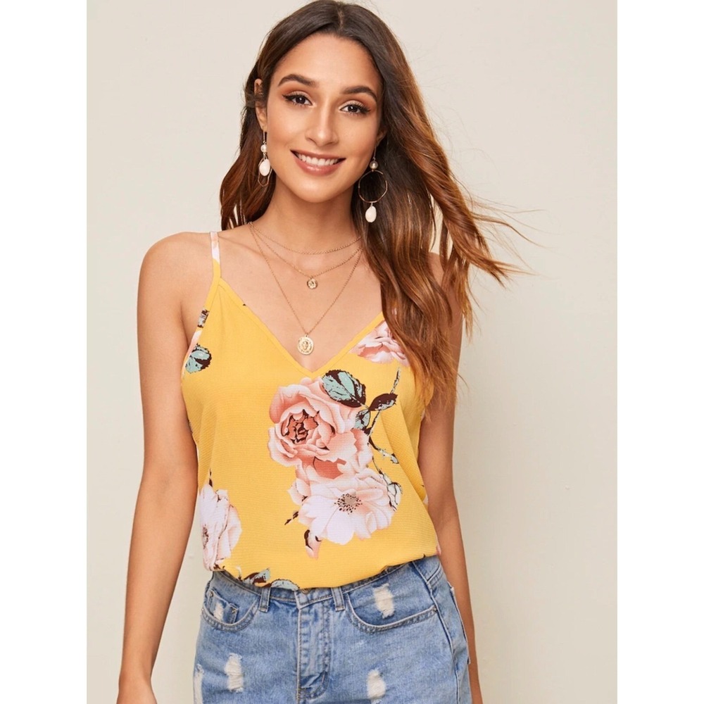 SHEIN‎ Women's Floral Boho Cami Top Summer V-neck Adjustable Straps Size XL